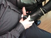 Secretary in Leather Boots Giving High Heel Job under Desk.