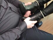 Secretary in Leather Boots Giving High Heel Job under Desk.