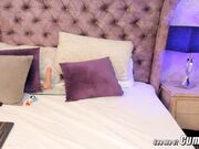 blue haired teen fuck her bald pussy with huge dildo