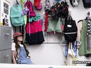 Handcuffed brunette looks forward to dicking