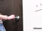 Handcuffed brunette looks forward to dicking