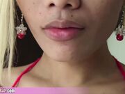 Blond ladyboy Patty in red bikini