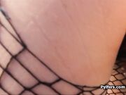 Asian hottie busted and fucked in fishnets
