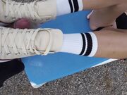 Triple cum shower at the pool