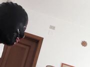 Kneeling, Gagged, and Hooded: Huge Cumshot on Her Mouth