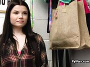 Teen thief hiding goods under big tits