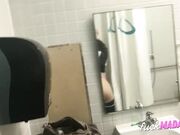 Big-Ass Schoolgirl's Strip Tease and Pussy Play in a Public Bathroom