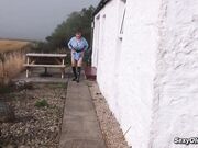 Huge tits mature masturbates outdoors