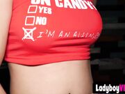 Busty asian ladyboy testing her dildos