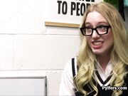 Dress stealing blonde in glasses gags on officers dick