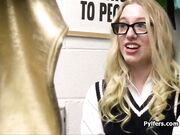 Dress stealing blonde in glasses gags on officers dick