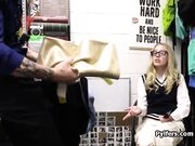 Dress stealing blonde in glasses gags on officers dick