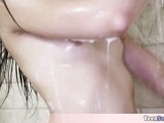 Busty stepsis having a shower fuck