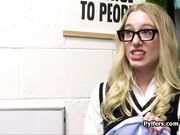 Blonde in glasses fucked over office desk