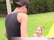 Extra petite Goldie having a garden fuck