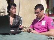 Brunette housewife Lucie Luke anal fucked in the garden