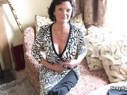 Busty Gilf Jacqueline strips and toys her hairy pussy