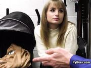 Busty blonde tries stolen dildo and sucks officers dick