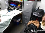 Busty blonde tries stolen dildo and sucks officers dick