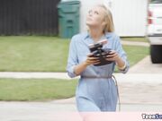 Small blonde slut playing with her drone