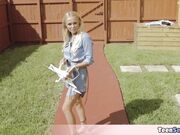 Small blonde slut playing with her drone