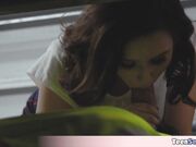 Nympho teen jumps on the handyman for a quickie fuck