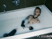 Tattooed BDSM Babe in Latex and Milk Bath