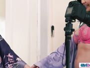 Busty Asian strapon fucked by gf on tape