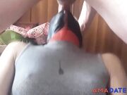 Milf takes big cock down her throat for a mouthful of cum.