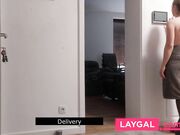Rough-fucking with the delivery guy - hard fuck and facial for a brunette m