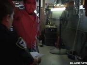 Two white police whores ride a big black cock in a chop shop