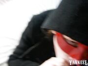 Redhead teen vampire cosplayer gets a surprise in her throat.