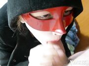 Redhead teen vampire cosplayer gets a surprise in her throat.