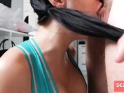 Pigtailed Slut Deepthroats a Lucky Man