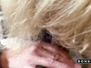 Blonde Latina Blowjob & Handjob in Home Sofa