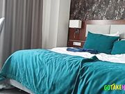 Petite Chick Teases in Black Stockings and Thong