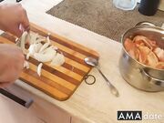 Blonde Babe Fucks Herself with Fruit in the Kitchen