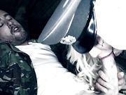 Nasty secret police officer Jordan Jagger interrogates a soldier