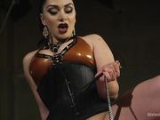 Dominant bitch Lea Lexis fucks a guy with a strapon and strokes his cock