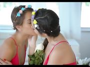 Lesbian nymphs Lily Adams and Uma Jolie lick pussies till they cum