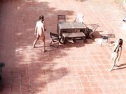 Public Courtyard Blowjob and Fucking with a Hot Brunette Amateur Couple