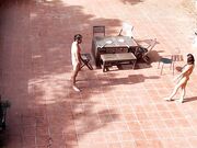 Public Courtyard Blowjob and Fucking with a Hot Brunette Amateur Couple