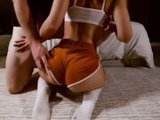 Big-Ass Brunette in Booty Shorts Makes Him Cum with Tube Socks