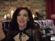 Busty witch summons two shemale and get fucked