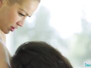 Curly haired brunette sits on lesbian trainers face