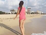 Flashing Hairy Pussy by Taking Off Panties at the Beach Sunset