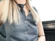 Sexy Blonde in Suit Strips and Fingers in Car