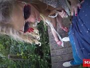 Blonde beauty sucks and strokes my cock outdoors, taking a facial.