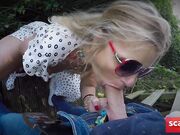 Blonde beauty sucks and strokes my cock outdoors, taking a facial.