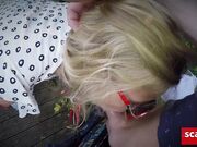 Blonde beauty sucks and strokes my cock outdoors, taking a facial.